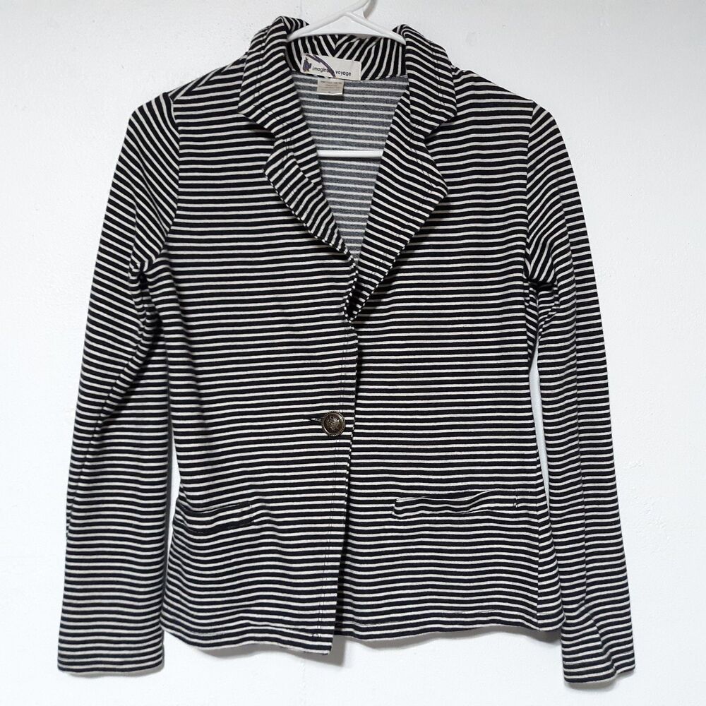 Imaginary Voyage Womens Blazer Black/White Striped Small Nautical Button Shirt